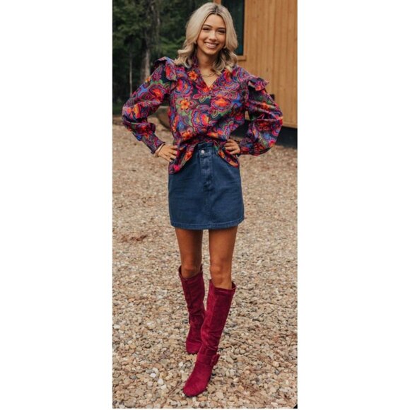 Sugarlips Raveena Midnight Malbec Ruffle Button Up Poplin Blouse Women’s Size XL - Picture 4 of 15